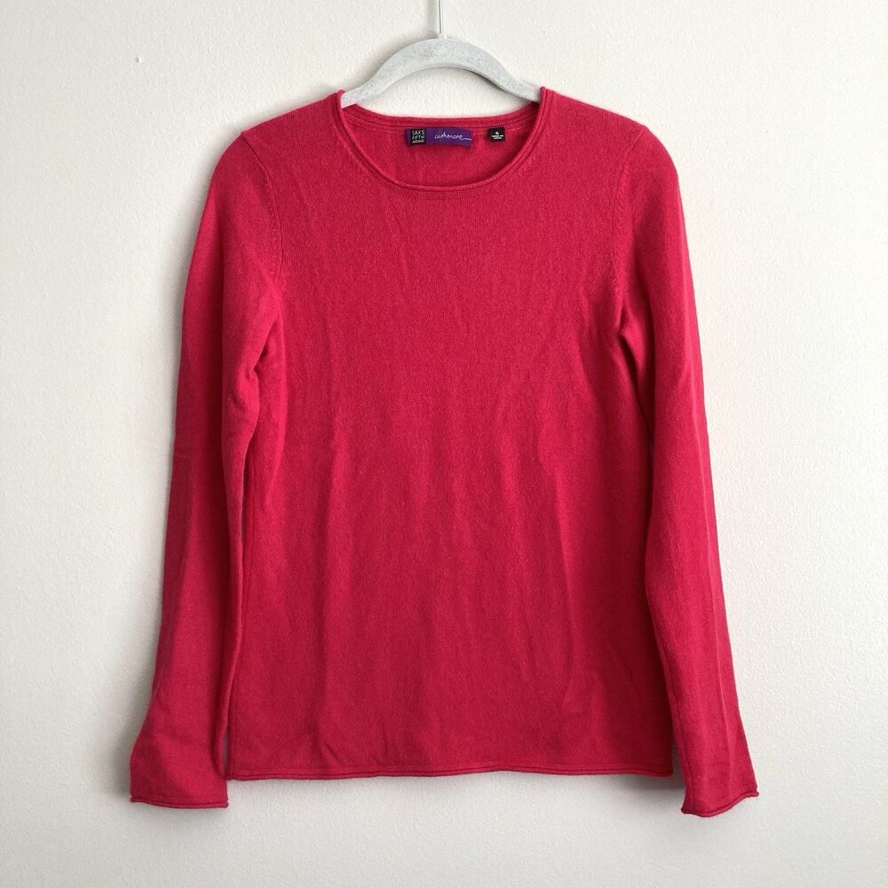 Saks Fifth Avenue Sweater 100% Cashmere Crew Neck Hot Pink Womens Small Classic